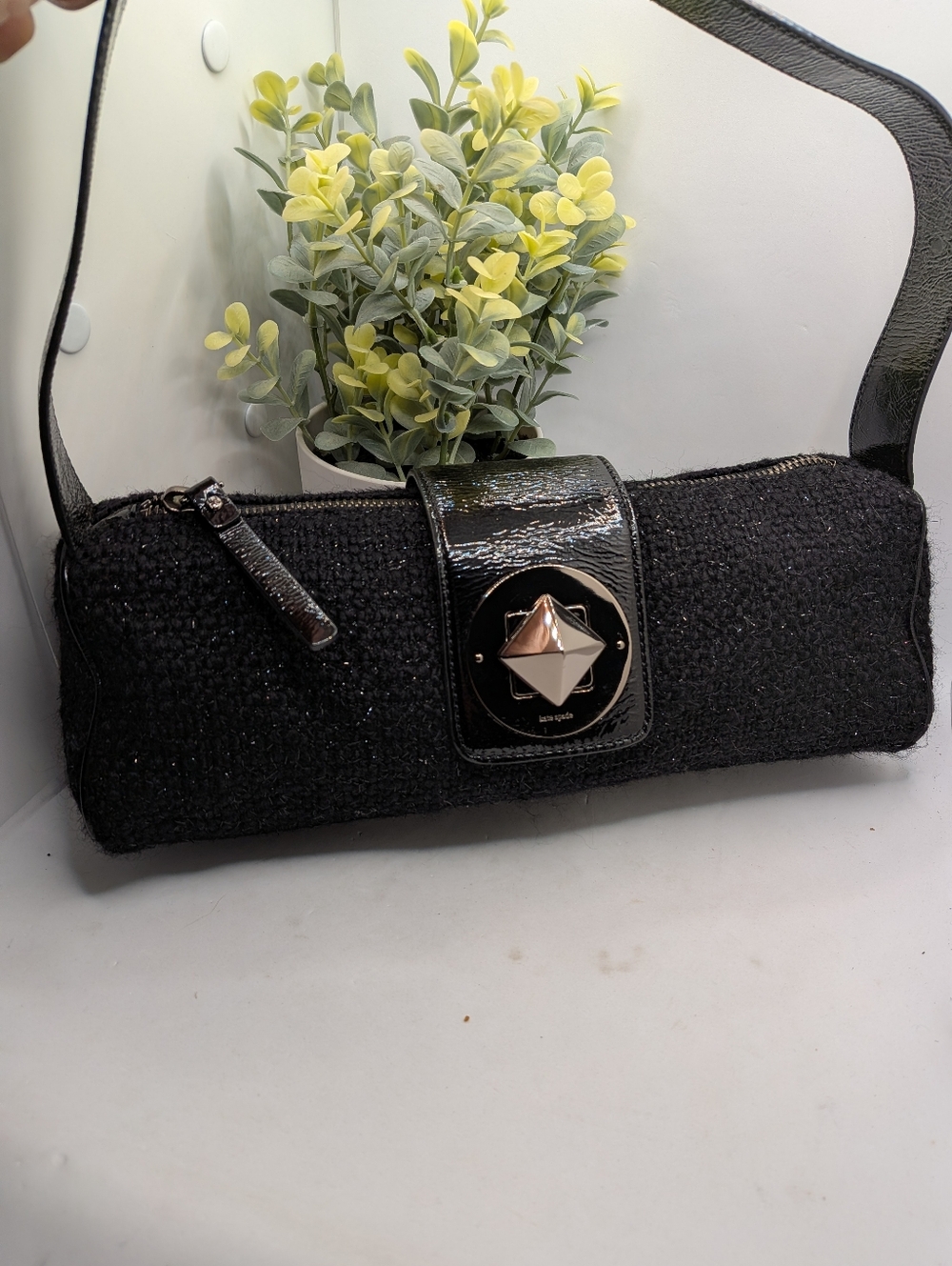 Kate Spade Vintage Look Black Wool Bouclé Sparkle Baguette Bag with Turnlock - Picture 12 of 12